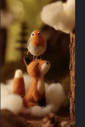 Midjourney's felted fox with a small bird perched on its head, miniature craft aesthetic