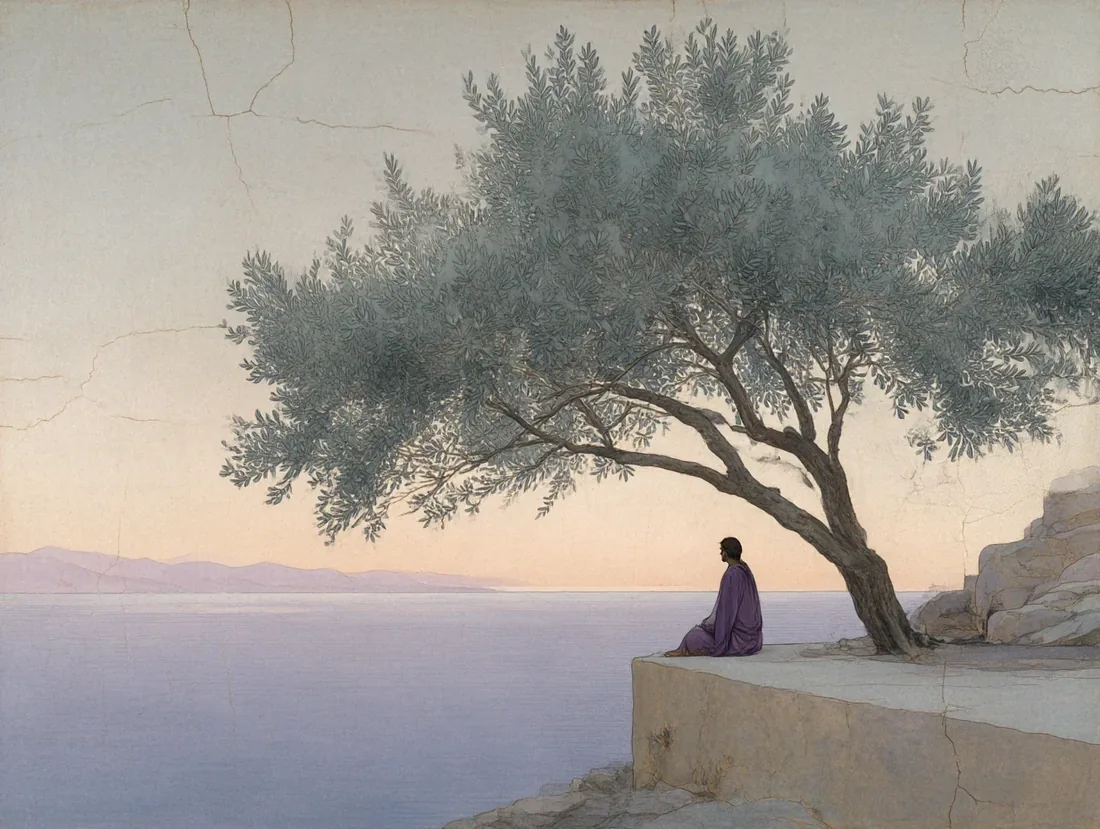 Midjourney's classical illustration of Odysseus resting beneath an olive tree on a seaside cliff