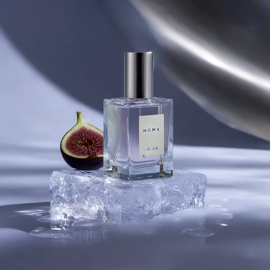 Midjourney's NOMA perfume product shot with glass bottle, fruit slices, and ice