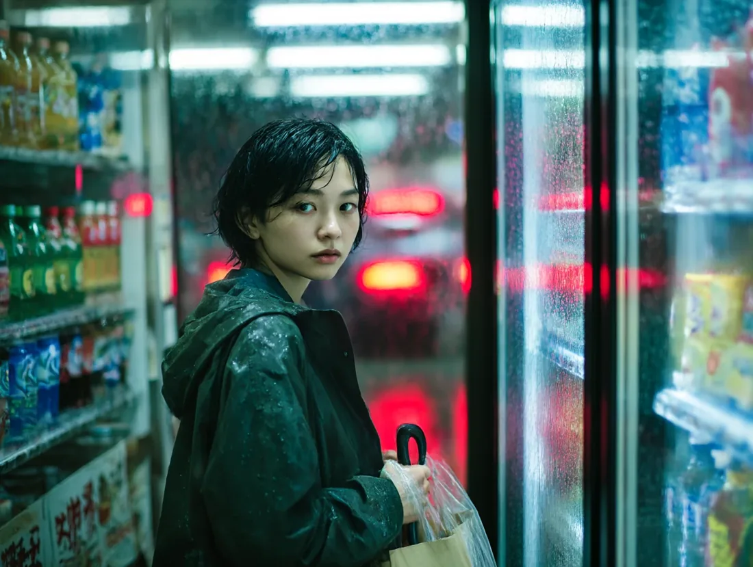 Midjourney's cinematic portrait of a woman with an umbrella on a rainy neon street