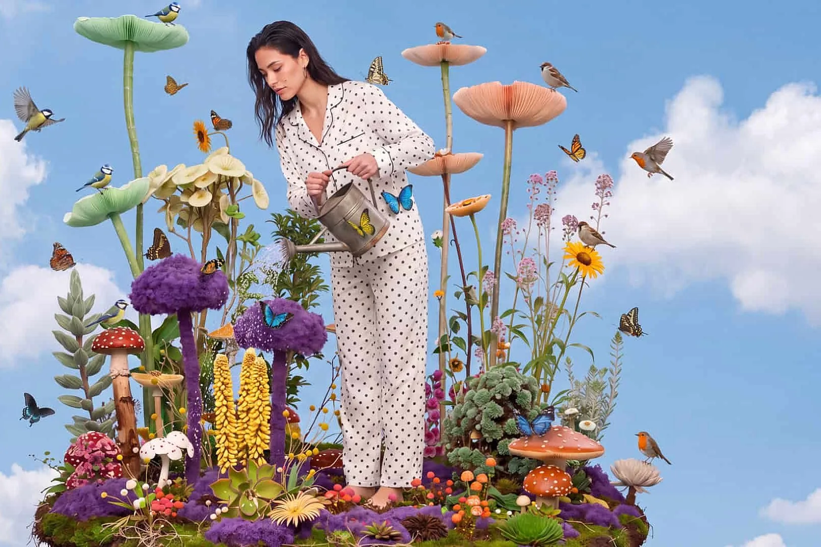 人物站在悬浮植物岛上浇水的超现实合成图,融合了人物、花艺、天空与道具等多张参考