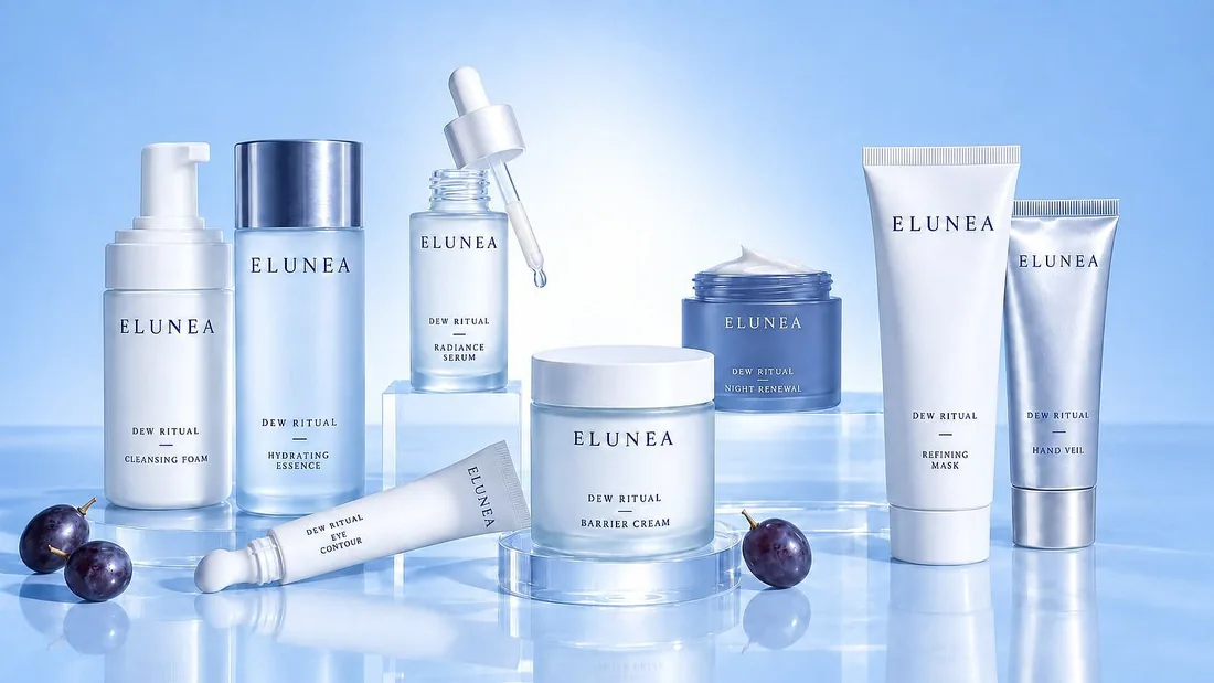 ELUNEA 虚拟护肤品牌的七件产品目录成片,浅蓝色调,瓶身标签文字清晰可读