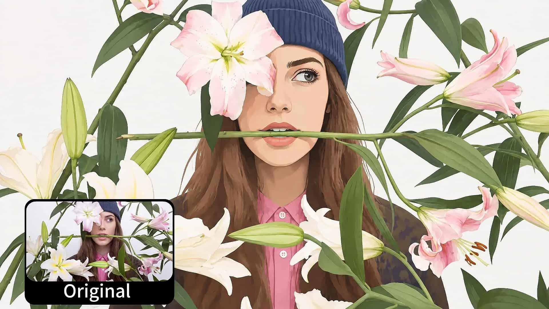 同一构图转换成的细腻插画风格,姿势与花的布局保持一致